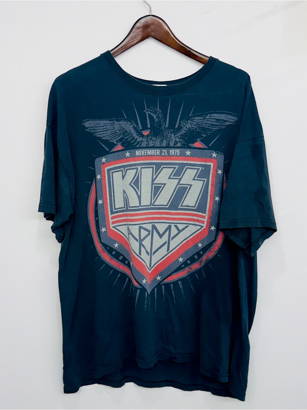 Vintage Kiss Army 1975 Band T Shirt Mens XL Black Graphic Gildan Heavy